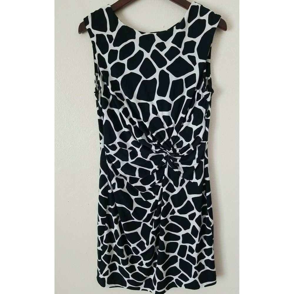 Chaus New York Womens Sleeveless Black Ivory Print Sheath Dress Size M Stretch